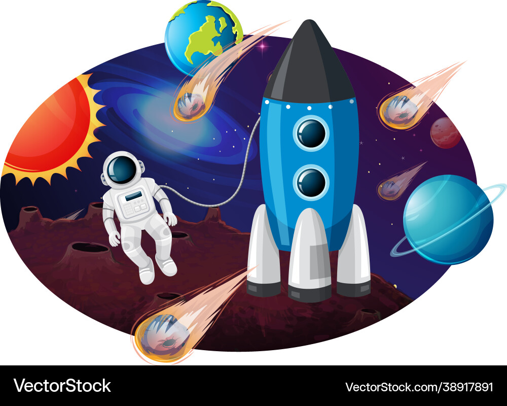 Rocket ship with many planets and asteroids Rocket ship with many planets and asteroids vector image