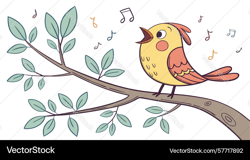 Bird singing on branch with music notes design vector image