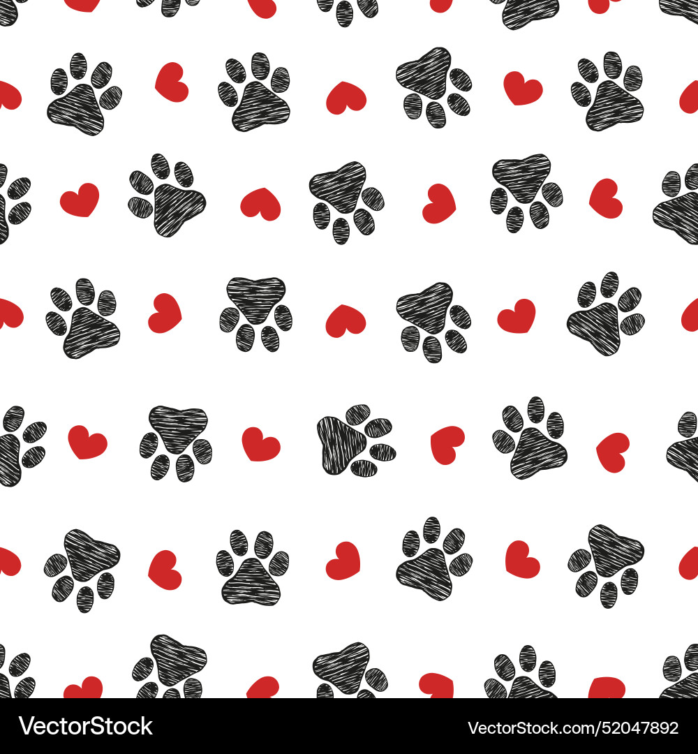 Black paw prints with red hearts pattern Vector Image