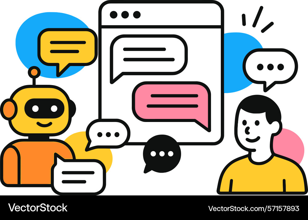 Engaging conversation between a robot and person Engaging conversation between a robot and person vector image