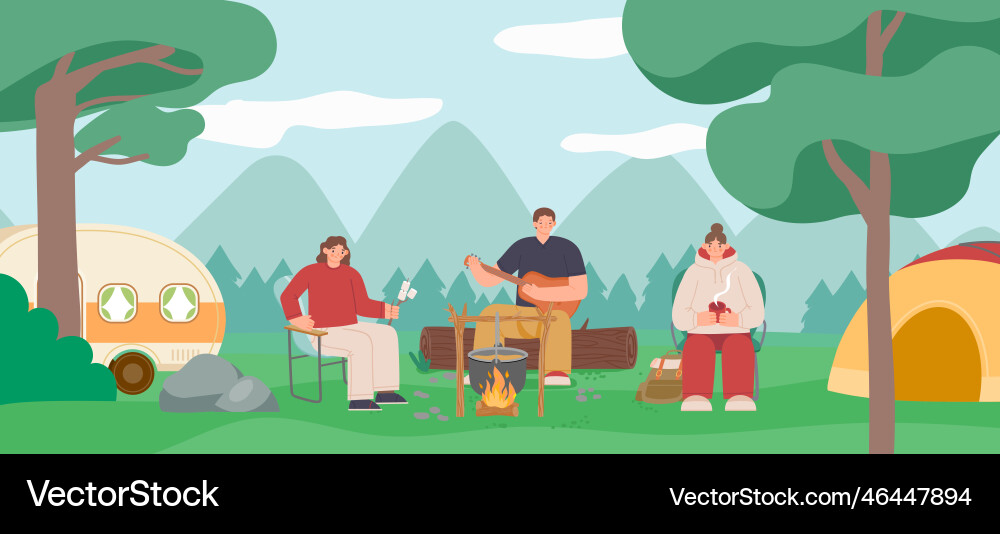 Camping people landscape tent and bonfire near Camping people landscape tent and bonfire near Vector Image