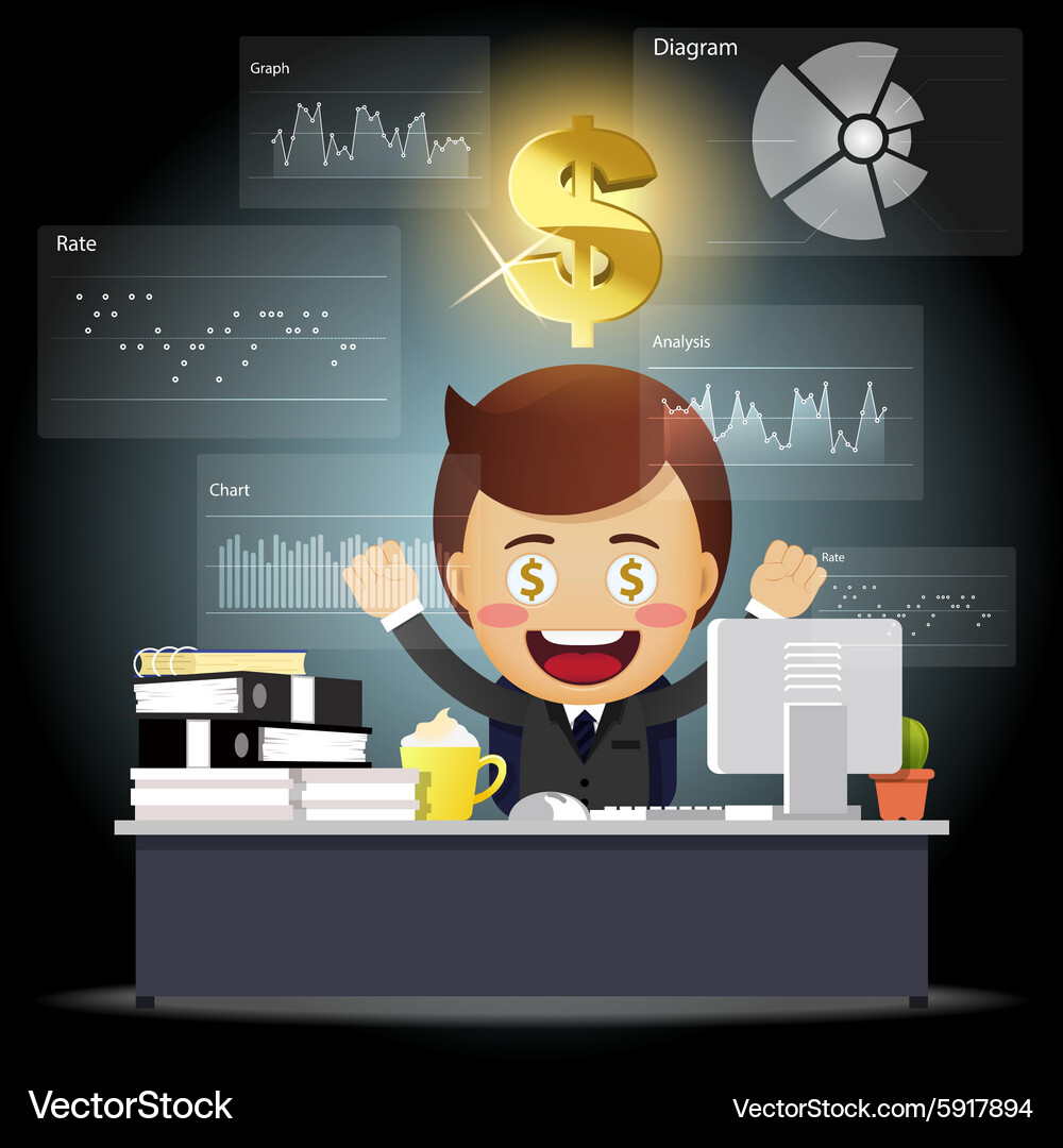 Happy businessman working with data processing Vector Image