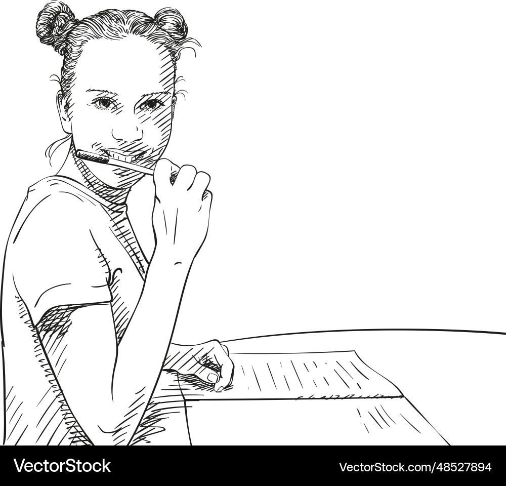 Sketch of girl with two buns hairstyle studying Sketch of girl with two buns hairstyle studying vector image