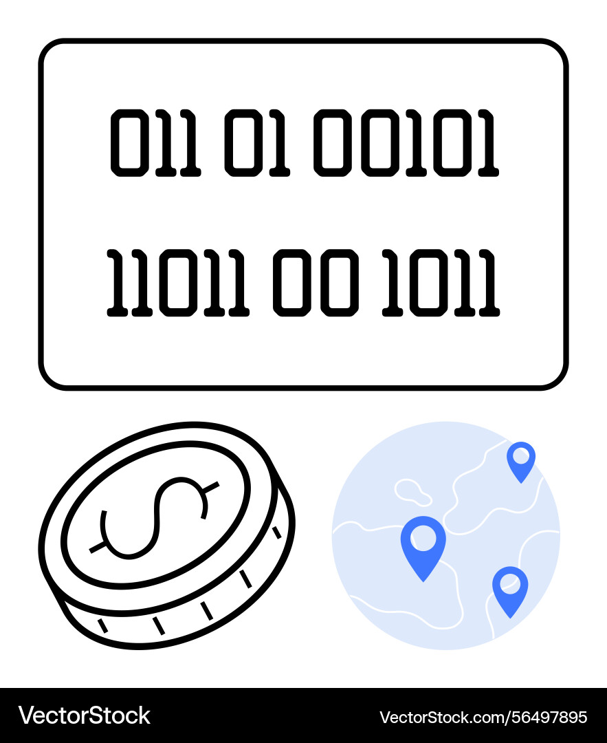 Binary code digital coin and location pins Binary code digital coin and location pins vector image