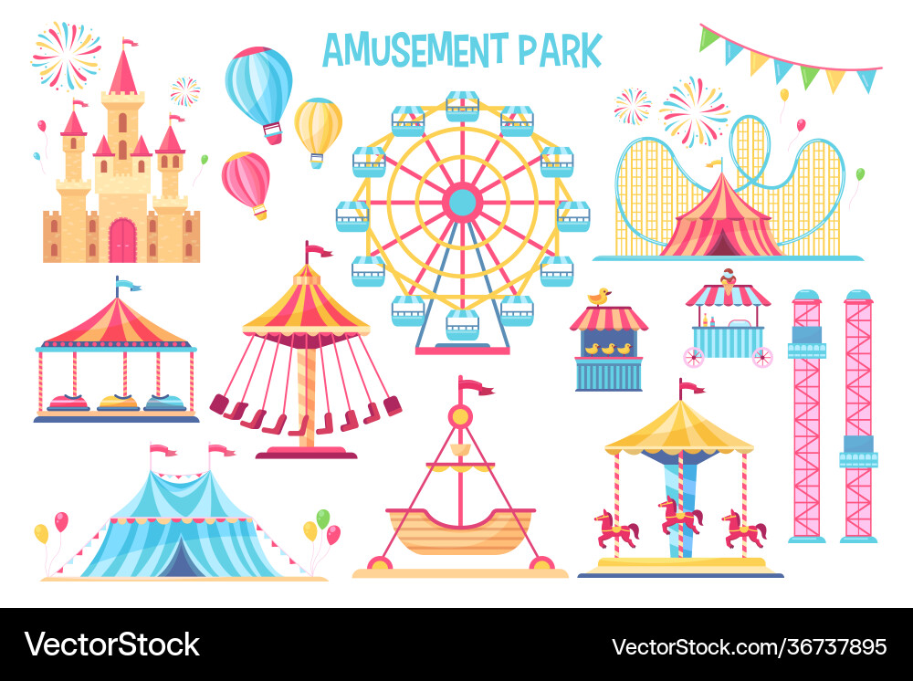 Colorful amusement park flat elements set Vector Image