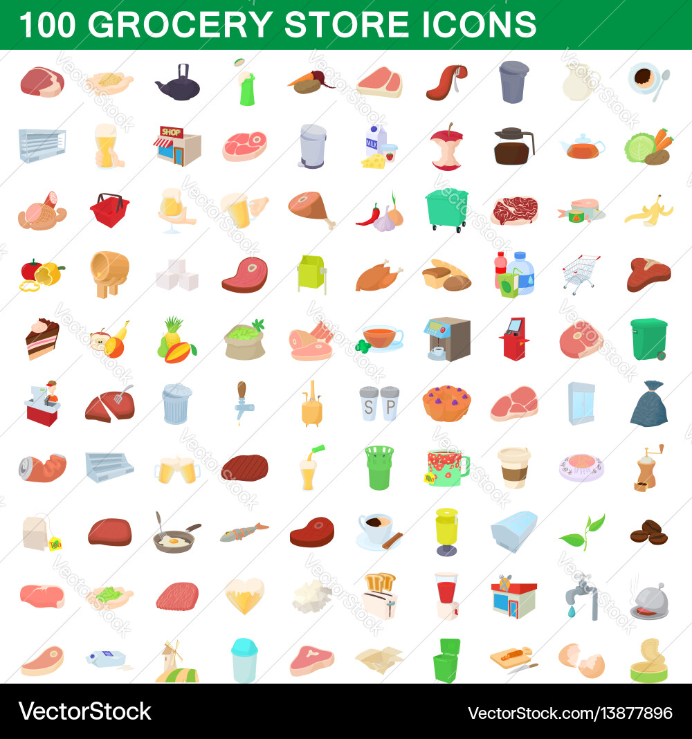 100 Lebensmittelgeschäft Icons Set Cartoon Stil 100 Lebensmittelgeschäft Icons Set Cartoon Stil vektorbild