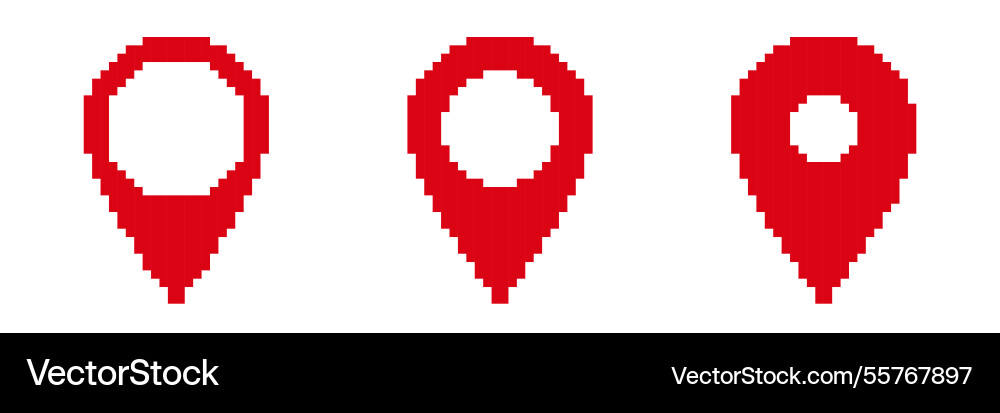 Three red pixelated map markers in various vector image