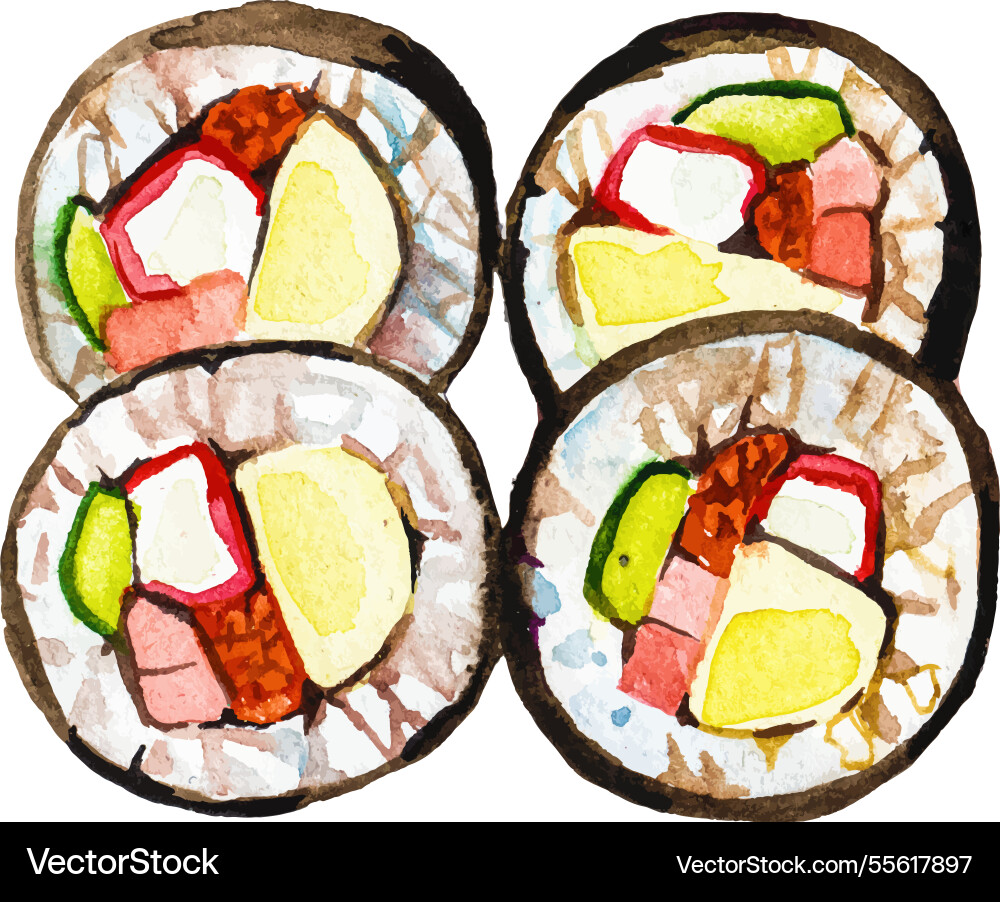 Watercolor painted sushi rolls hand drawn fresh Watercolor painted sushi rolls hand drawn fresh vector image