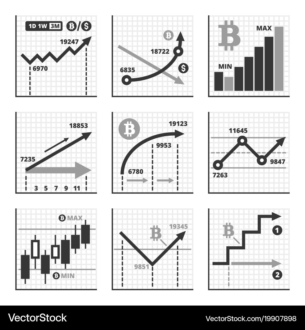 Bitcoin growth up chart graphics set vector image