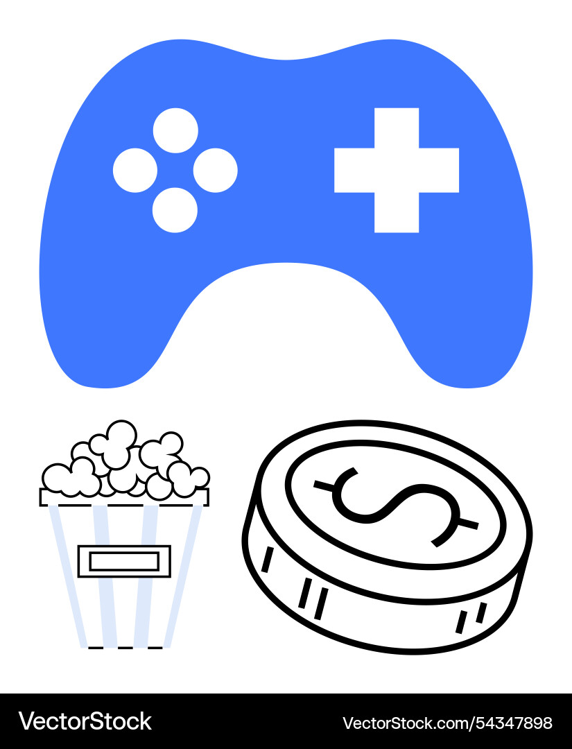Blue game controller popcorn bucket and coin Blue game controller popcorn bucket and coin vector image