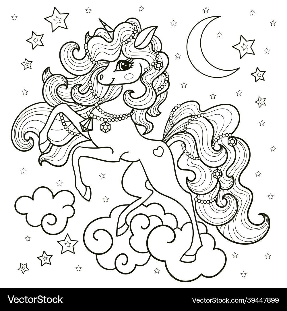 Beautiful unicorn in the sky black and white Beautiful unicorn in the sky black and white vector image