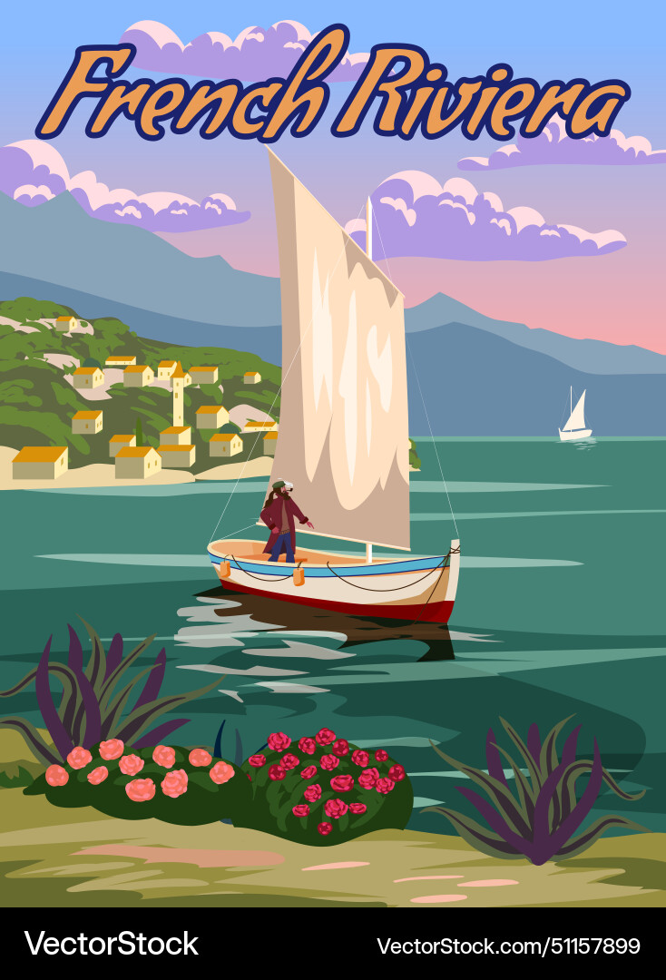 Französische Riviera Segelboot Küste Poster Jahrgang Französische Riviera Segelboot Küste Poster Jahrgang vektorbild