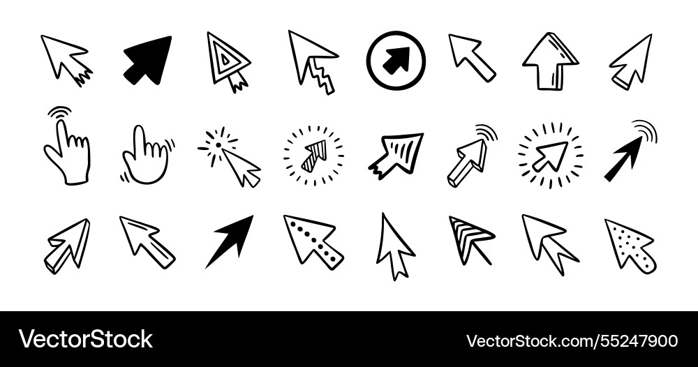 Cursor doodle icon set click hand drawn Cursor doodle icon set click hand drawn vector image