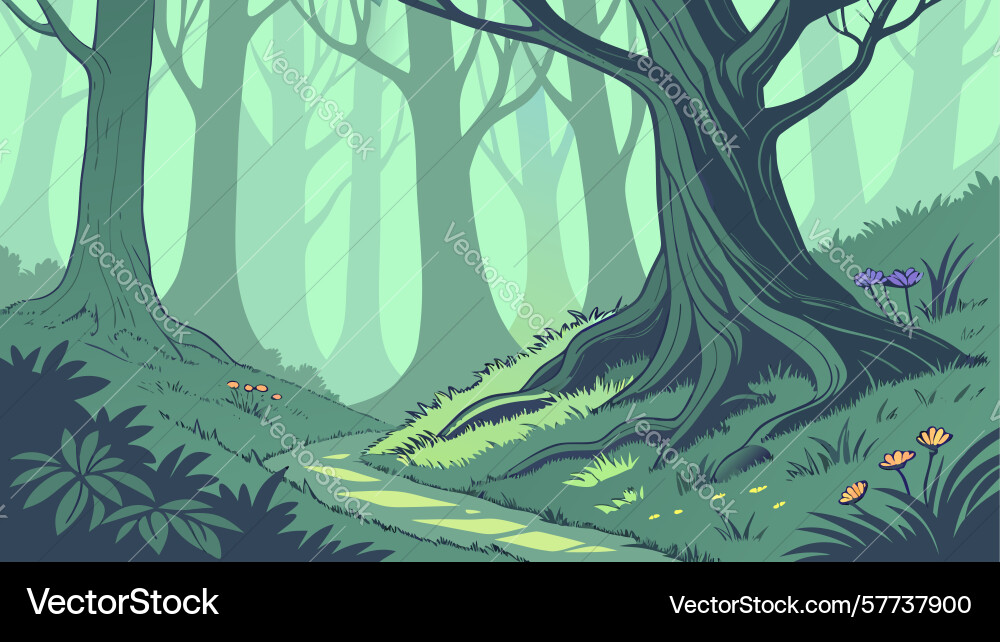 Enchanting forest path with towering trees vector image