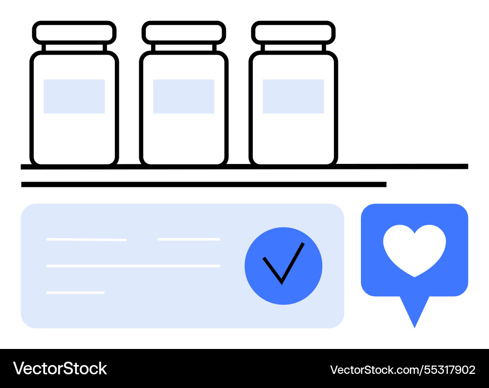 Jars on shelf with approval checkmark and heart Jars on shelf with approval checkmark and heart vector image