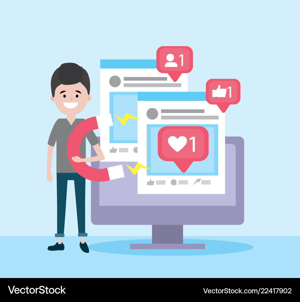 Man with computer websites information message vector image