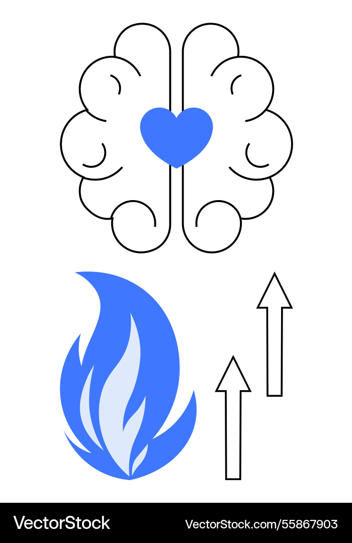 Heart in brain with flames and arrows representing Heart in brain with flames and arrows representing Vector Image