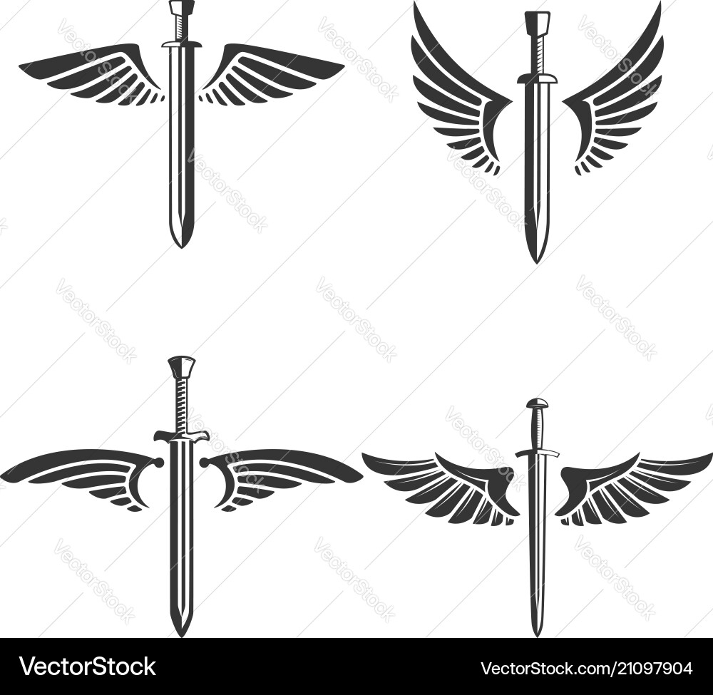 Set of emblems with medieval sword and wings Set of emblems with medieval sword and wings vector image