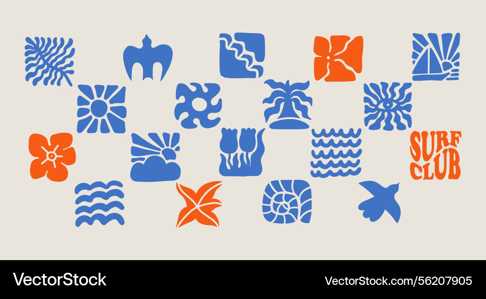 Boho summer beach square elements set groovy Boho summer beach square elements set groovy vector image