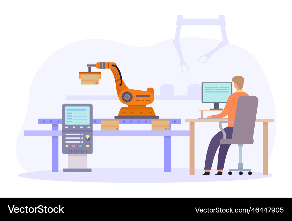 Engineers control automated robot arms flat smart Engineers control automated robot arms flat smart vector image