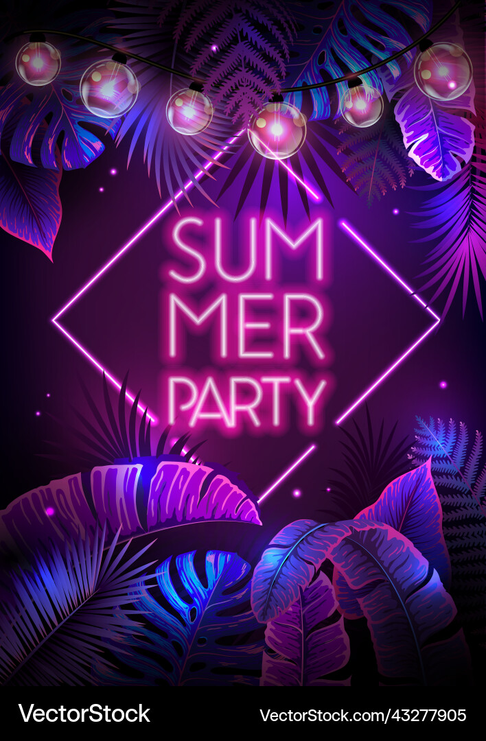 Summer party poster with fluorescent tropic leaves vector image