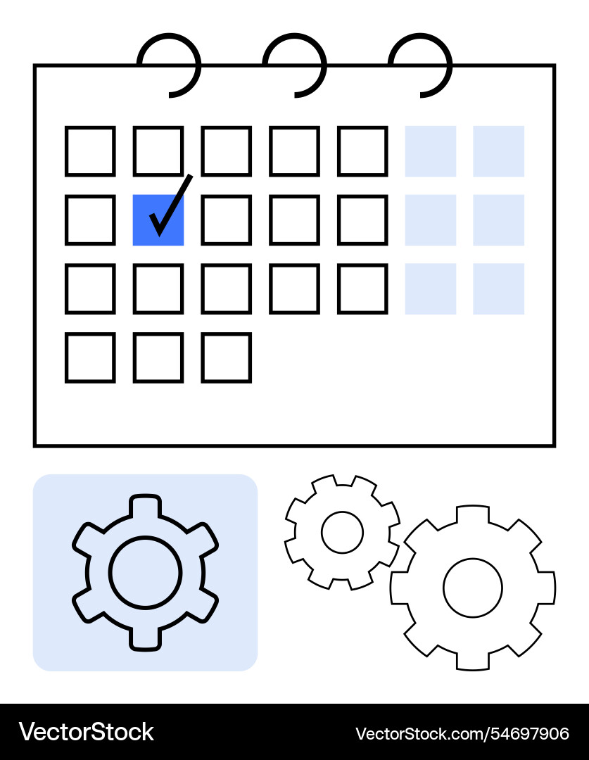 Calendar with check mark and gears representing Calendar with check mark and gears representing vector image