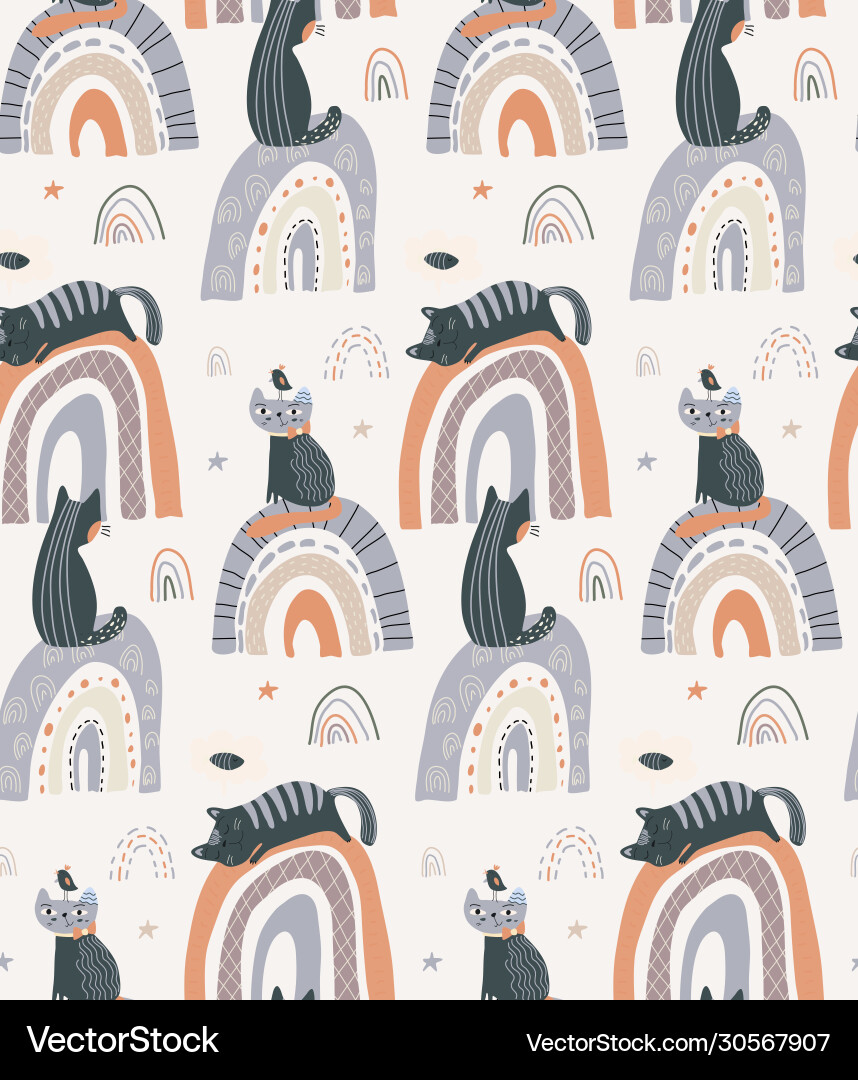 Seamless pattern with cute cats on rainbow Vector Image
