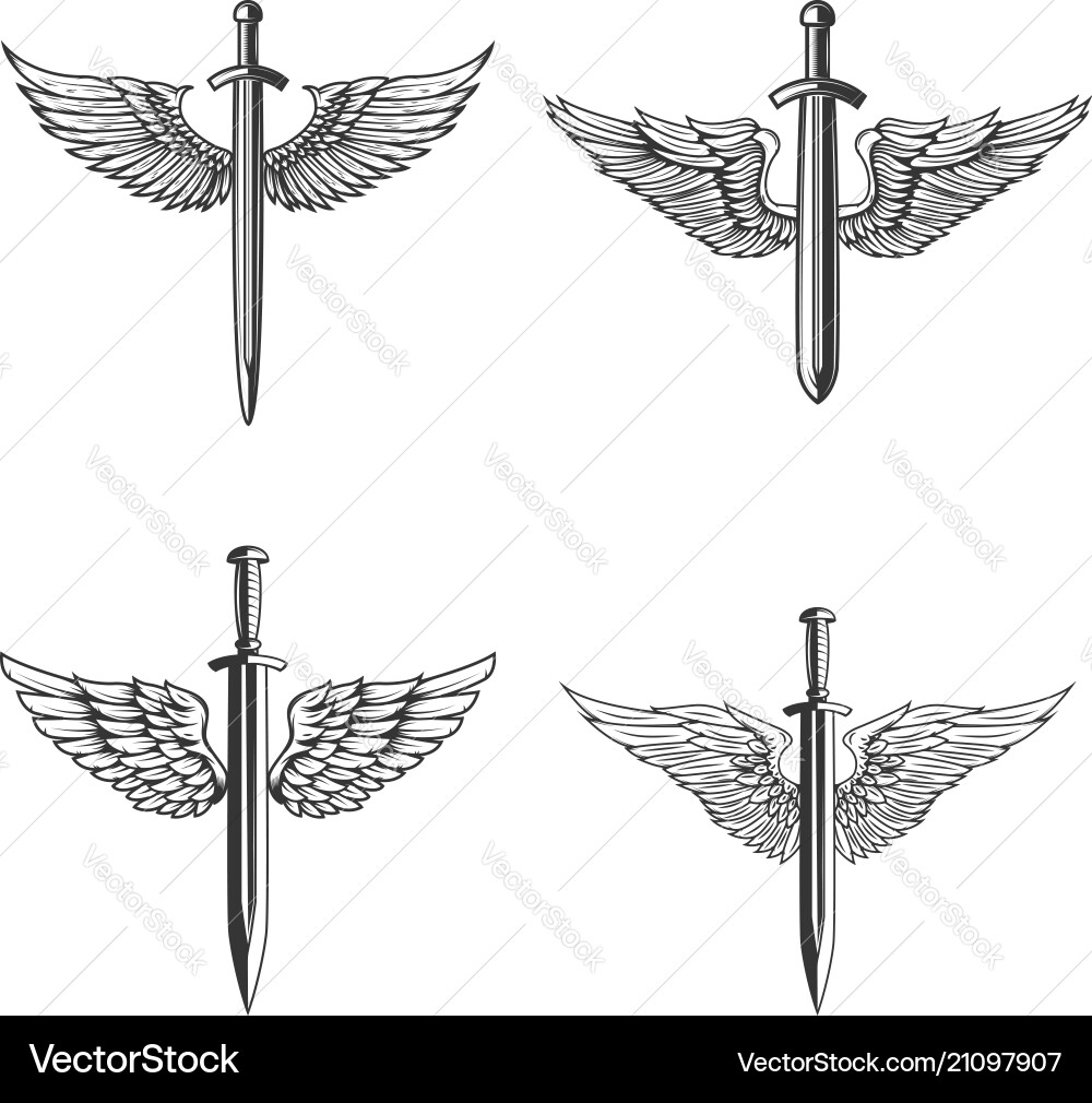 Set of emblems with medieval sword and wings Set of emblems with medieval sword and wings vector image