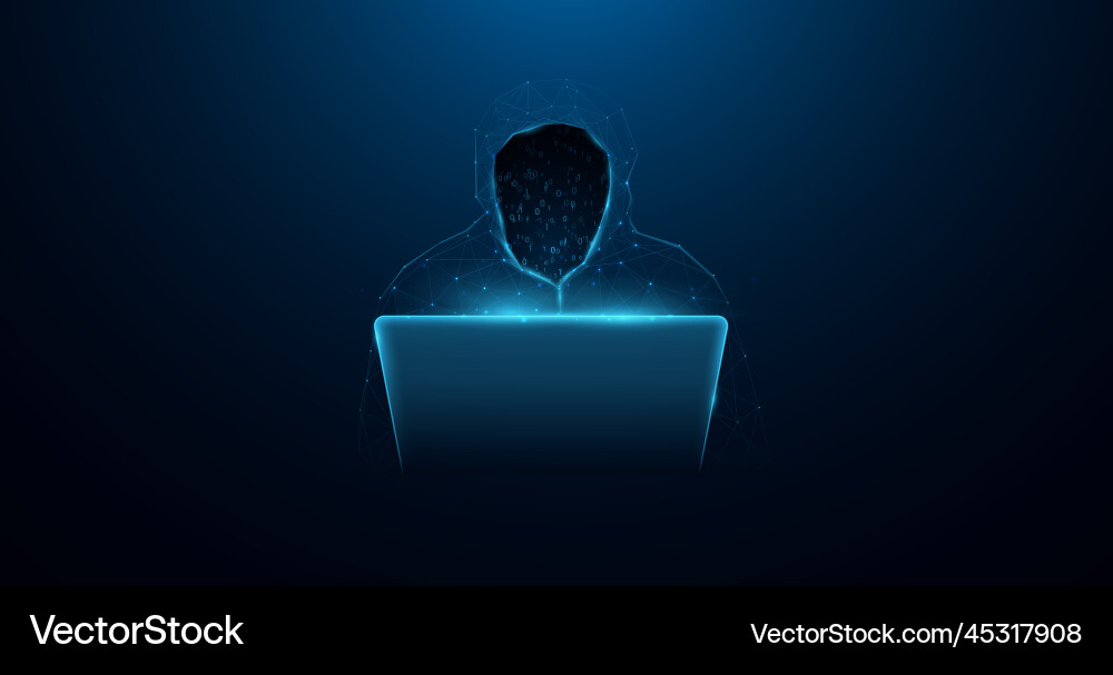 Low polygon wireframe hacker behind a laptop Low polygon wireframe hacker behind a laptop vector image