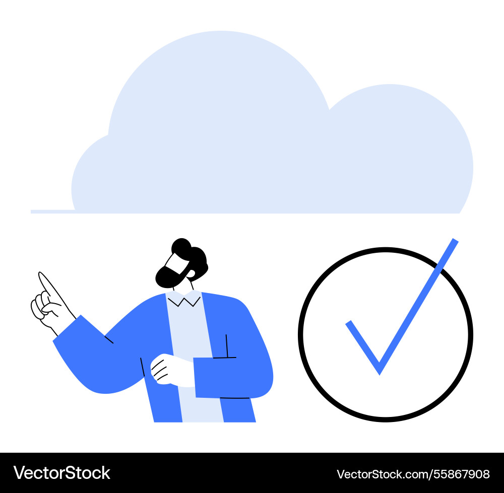Man zeigt in der Cloud mit Scheckmark Symbolisierung Man zeigt in der Cloud mit Scheckmark Symbolisierung vektorbild