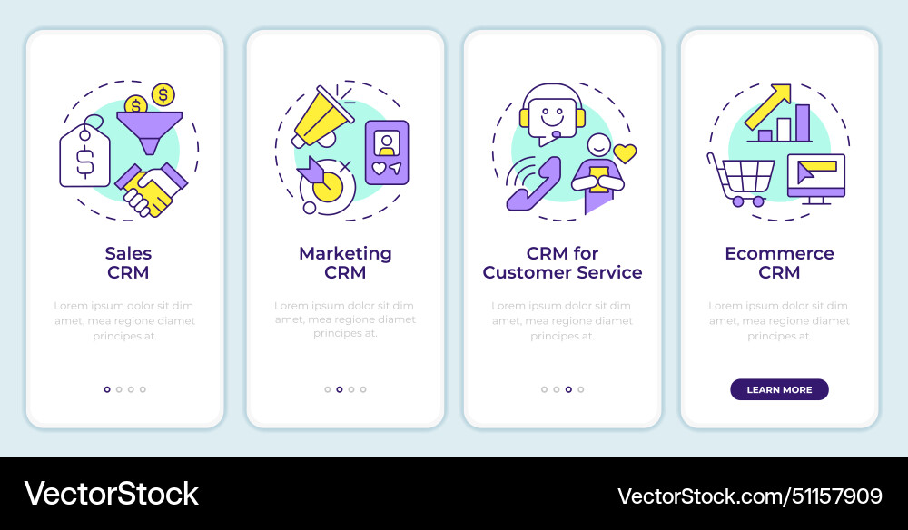 Crm types onboarding mobile app screen Crm types onboarding mobile app screen Vector Image