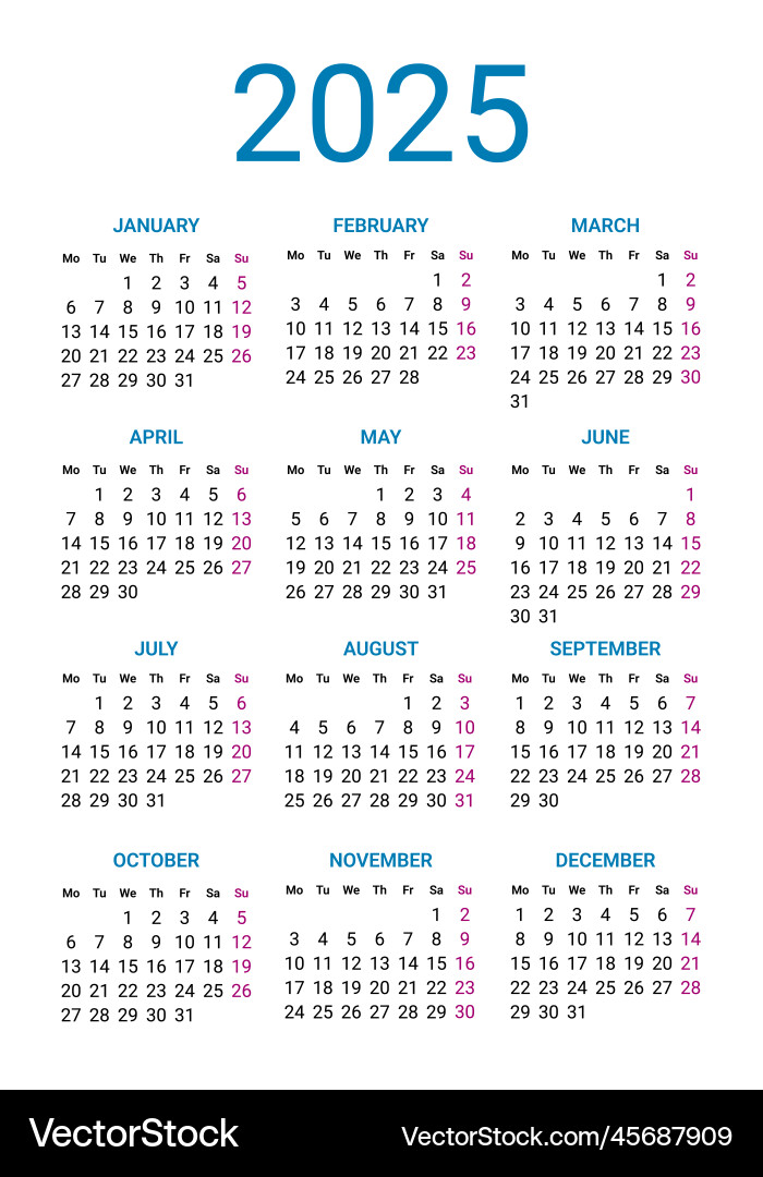 Kalender 2025 Jahre Design Vorlage Woche beginnt Vektorbild