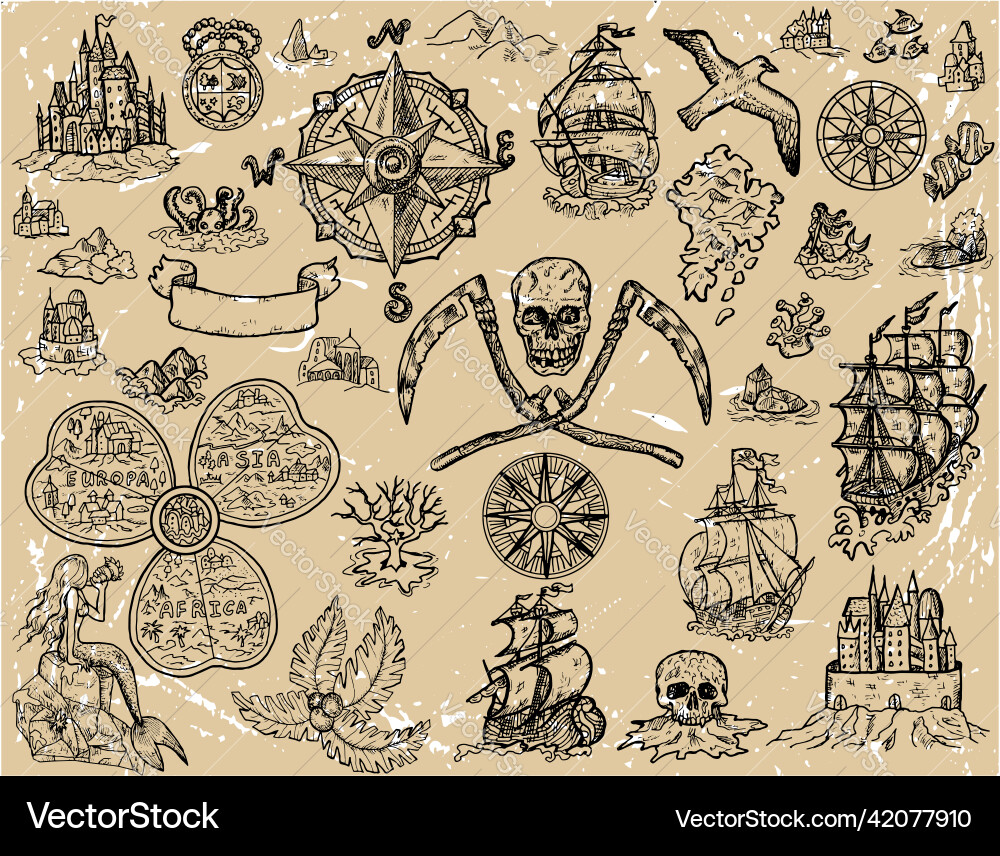 Design set with old pirate map elements Design set with old pirate map elements vector image