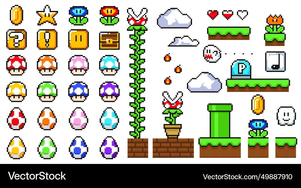 Set of pixel arcade game elements Set of pixel arcade game elements vector image