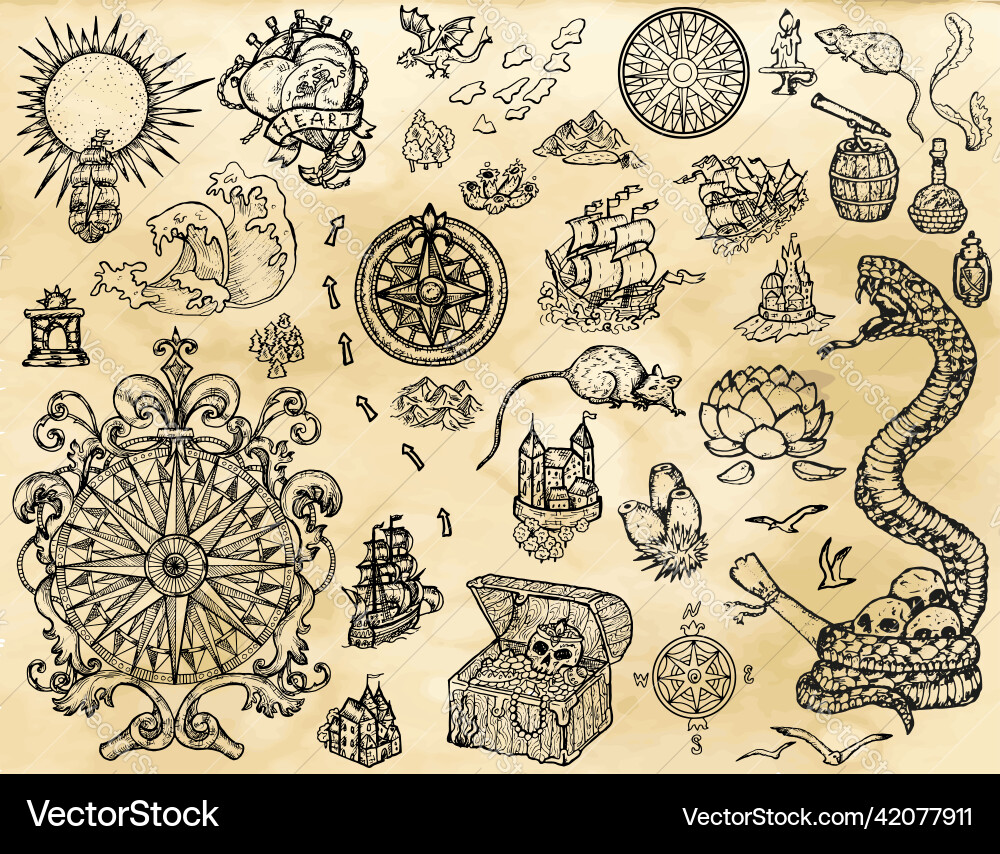 Design set with old pirate map elements Design set with old pirate map elements vector image