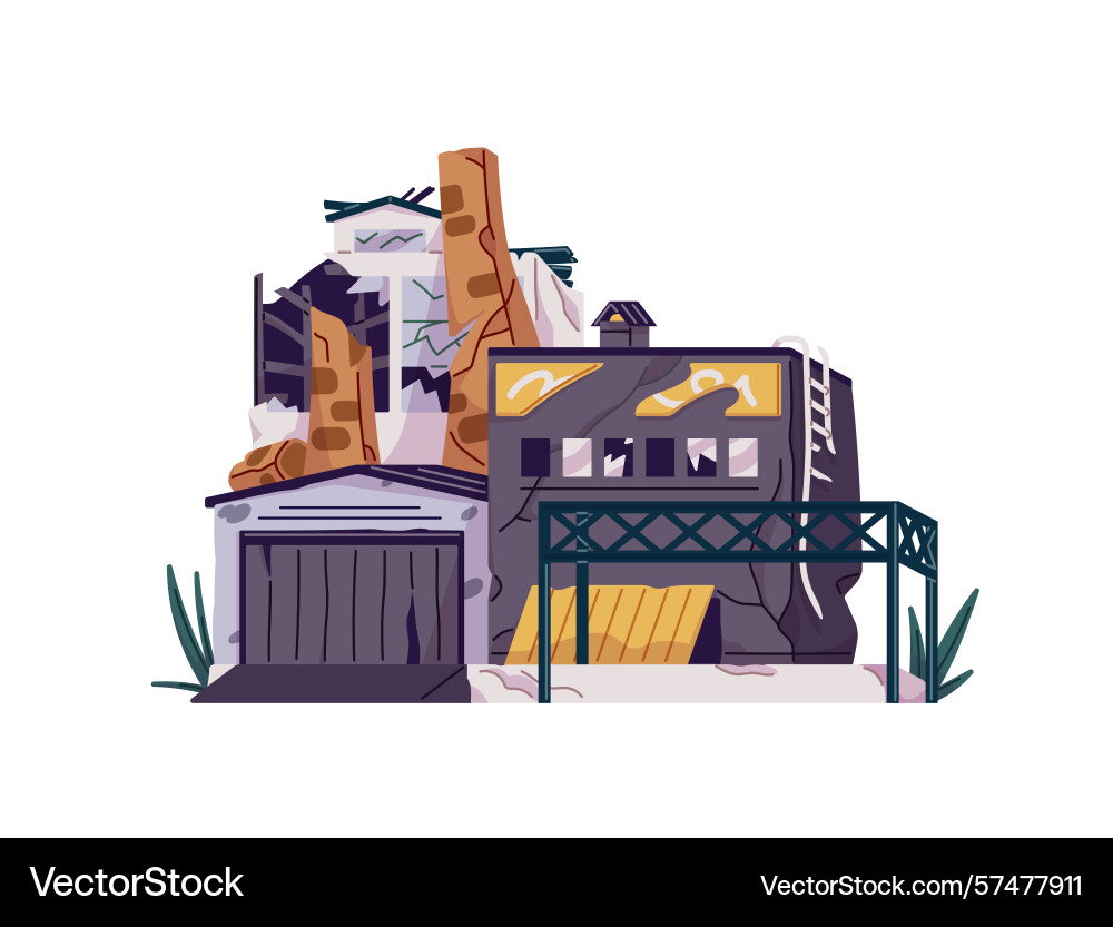 Destroyed building of factory with broken windows Destroyed building of factory with broken windows Vector Image