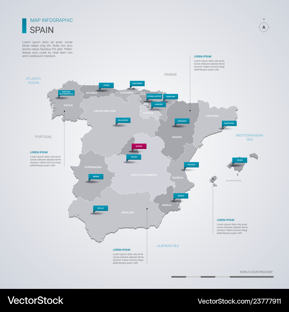 Spain map with infographic elements pointer marks vector image