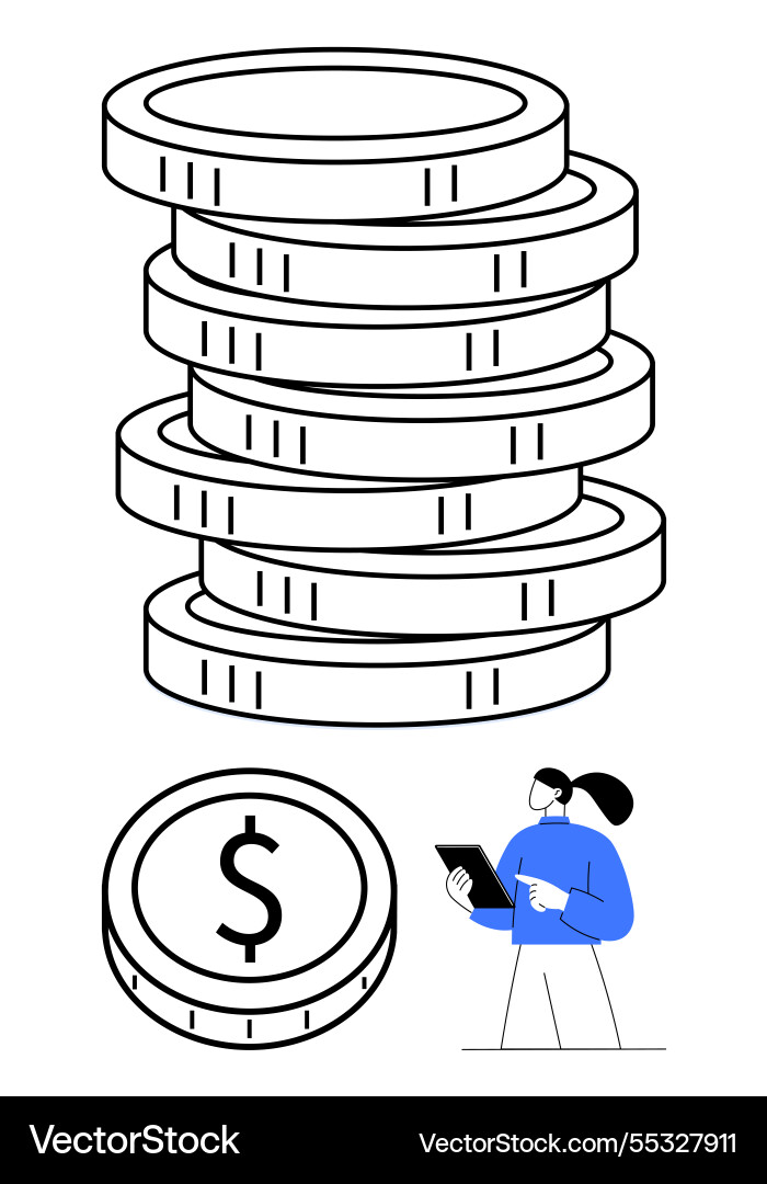 Stack of coins and person using tablet Stack of coins and person using tablet Vector Image