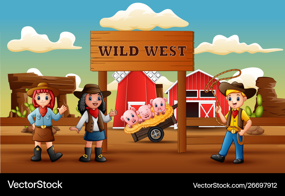 Cowboy wild west Cartoon mit Tier in Bauernhof entra Cowboy wild west Cartoon mit Tier in Bauernhof entra vektorbild