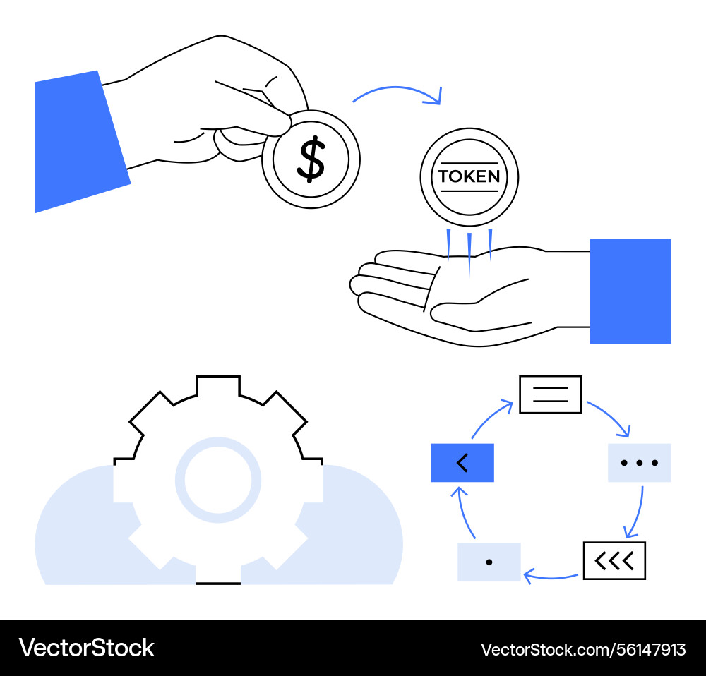 Digital tokenization process with hand exchange Digital tokenization process with hand exchange vector image