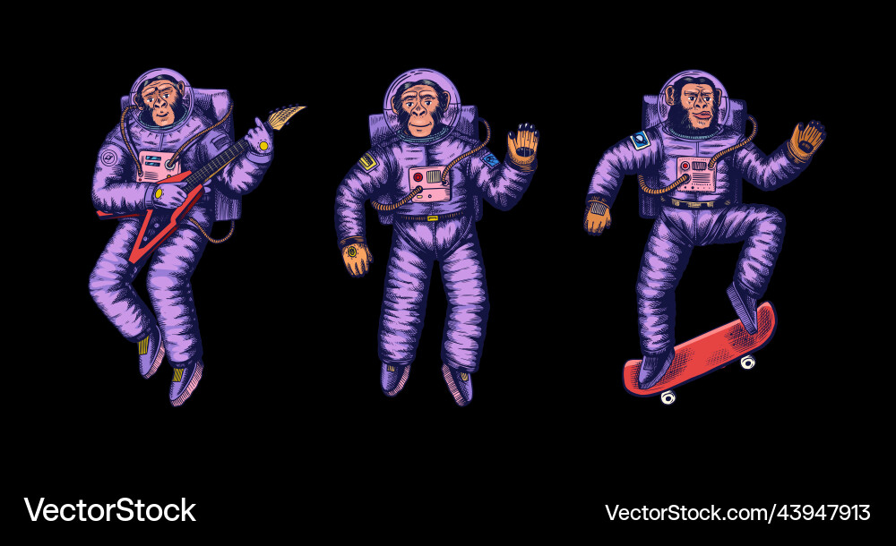 Monkey astronaut with guitar skateboard vector image