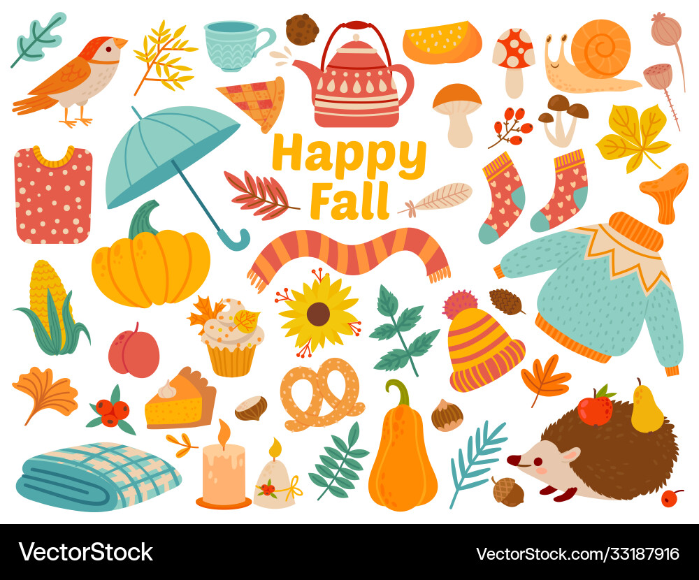 Autumn set cartoon yellow plants food and forest Autumn set cartoon yellow plants food and forest vector image