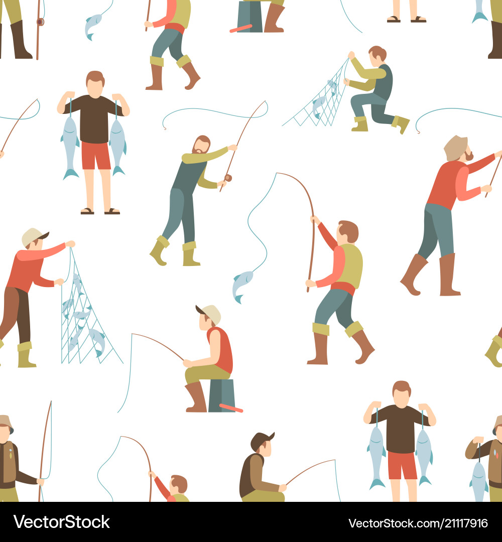 Flat fisher man seamless pattern fishing Flat fisher man seamless pattern fishing vector image