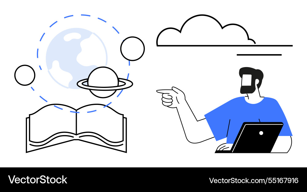 Man pointing at planetary model over open book Man pointing at planetary model over open book vector image