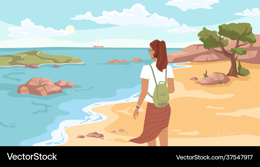 Frau am Strand auf See oder Meer Schiff weg Frau am Strand auf See oder Meer Schiff weg vektorbild
