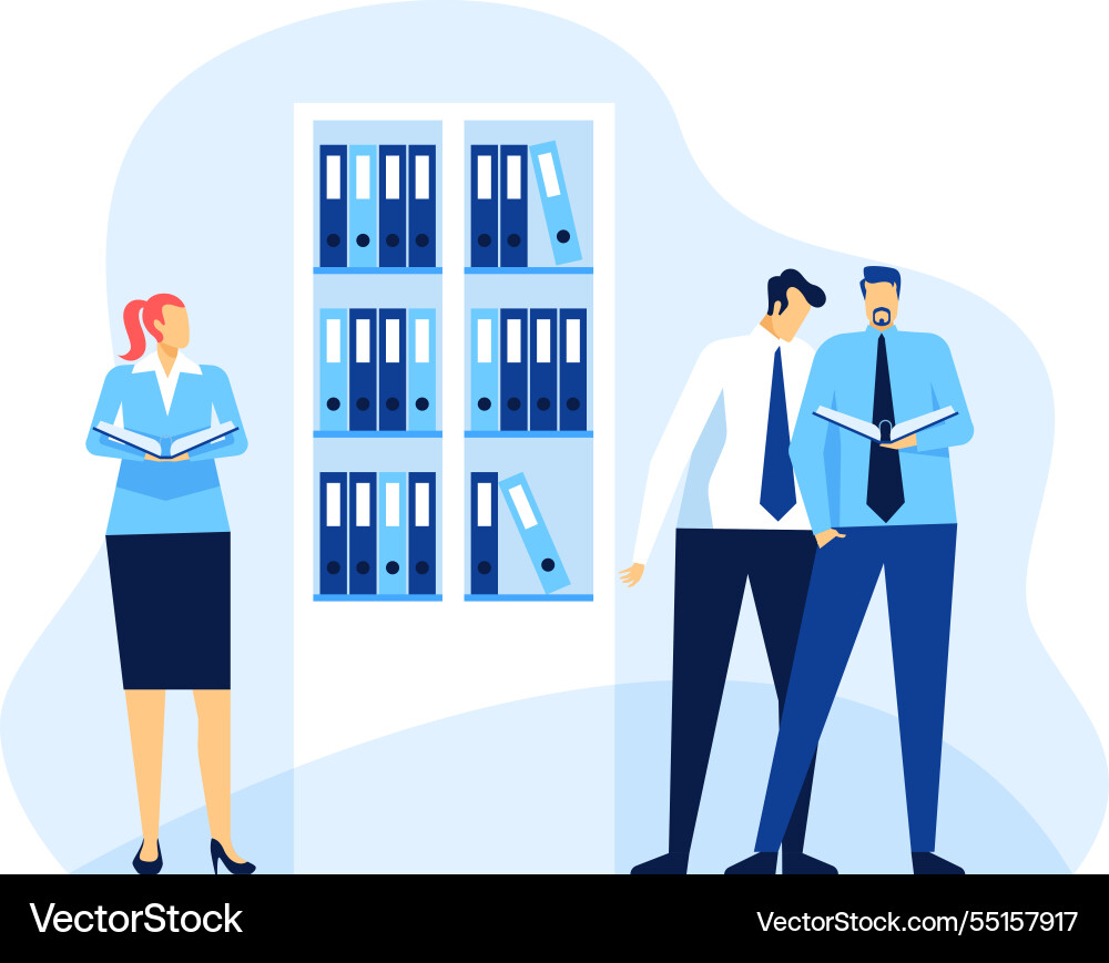 Office workers reading documents and consulting Vector Image