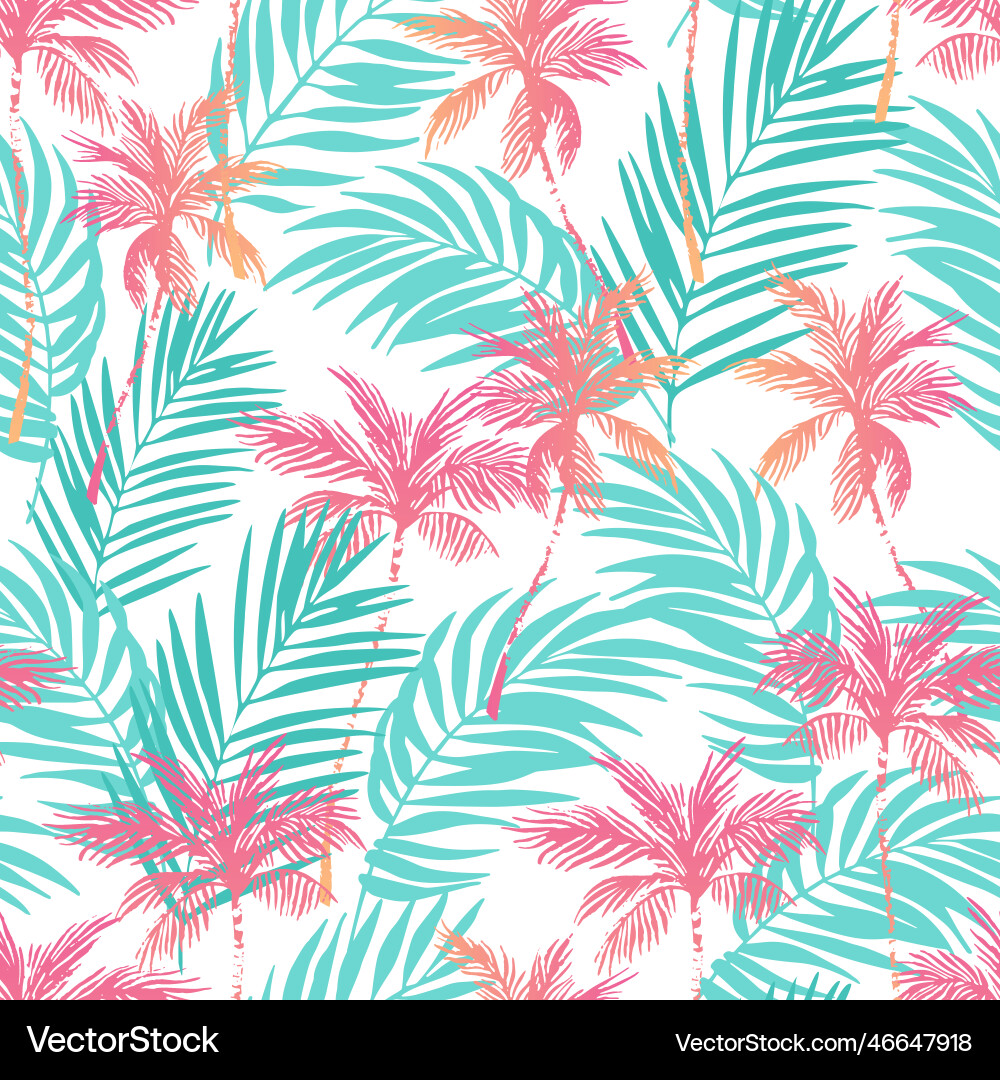 Abstract neon coconut trees on green palm leaves Abstract neon coconut trees on green palm leaves Vector Image