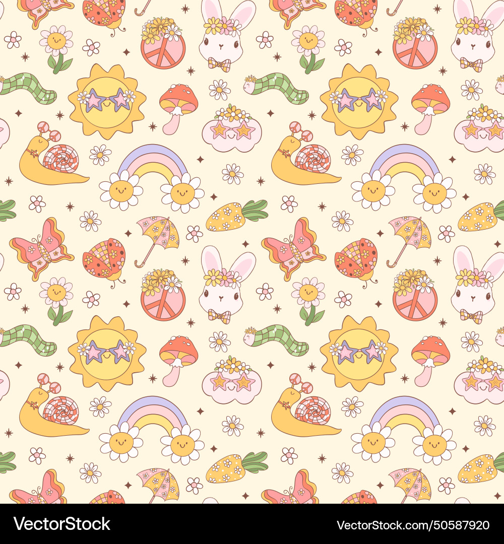 Retro groovy spring doodle seamless pattern Retro groovy spring doodle seamless pattern vector image