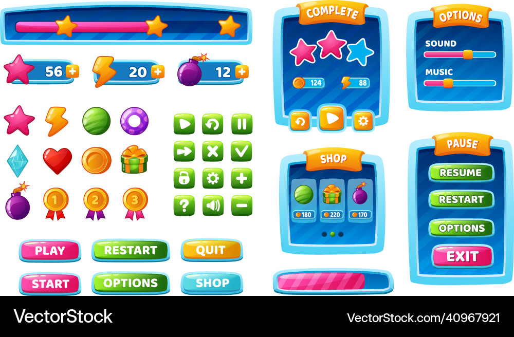 Mobile Game UI Buttons & Icons vector image
