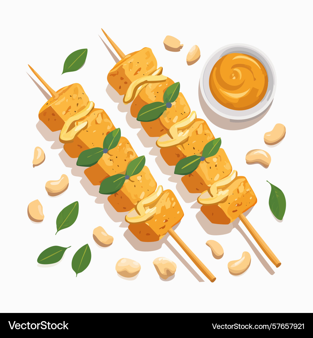 Two tofu skewers with cashews basil and peanut Vector Image